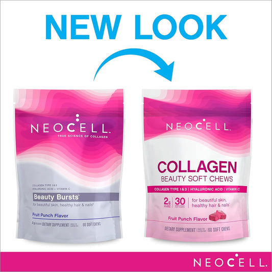 NeoCell Collagen Peptides Vitamin C & Hyaluronic Acid, Gluten Free, Supports Hair, Skin, & Nail Health, Collagen Type 1 and 3, Beauty Bursts, Fruit Punch, 60 Soft Chews