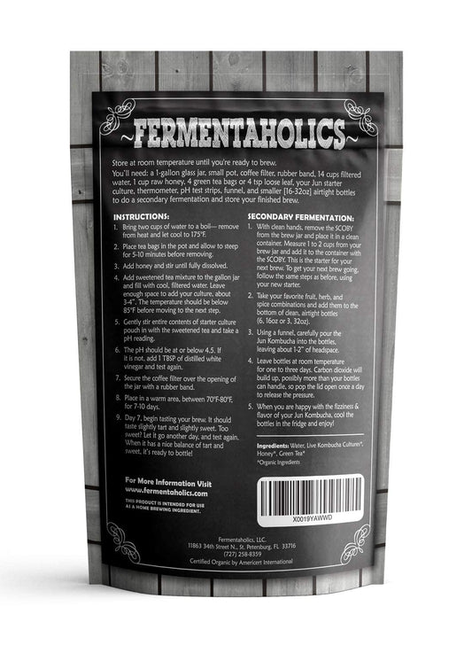 Jun Kombucha Starter Culture - Usda Certified Organic Scoby & Starter Tea - Makes 1 Gallon - Brewed With Organic Green Tea & Honey - Brew Jun Tea!