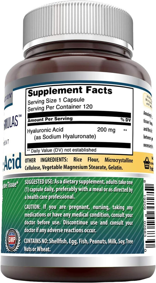 Amazing Formulas Hyaluronic Acid Capsules Supplement- Support Healthy Connective Tissue and Joints - Promote Youthful Healthy Skin (200 mg, 120 Count)