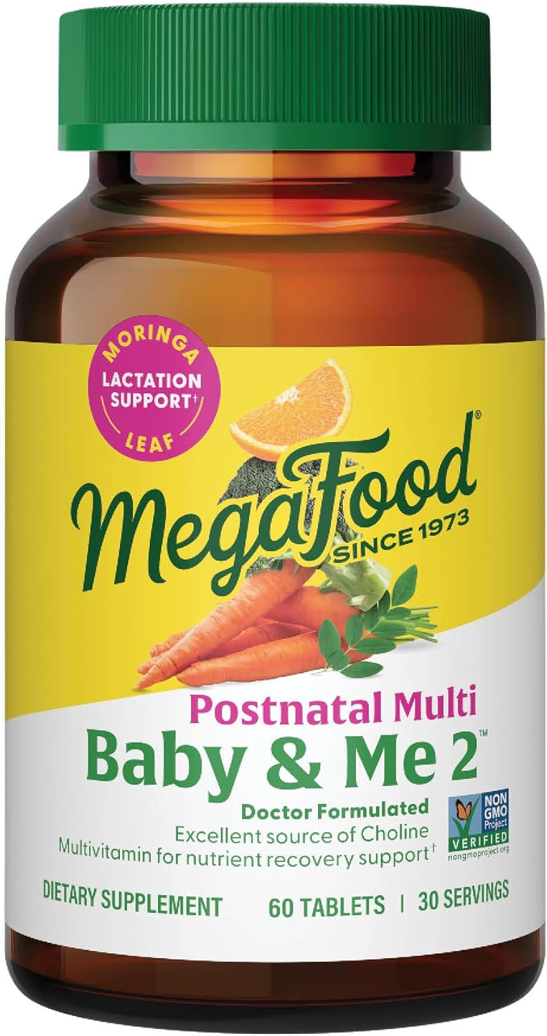 Megafood Baby & Me 2 Postnatal Vitamins For Breastfeeding Moms With Folate (Folic Acid Natural Form), Choline, Iodine, Vitamin D, Moringa Leaf And More - 60 Tabs (30 Servings)