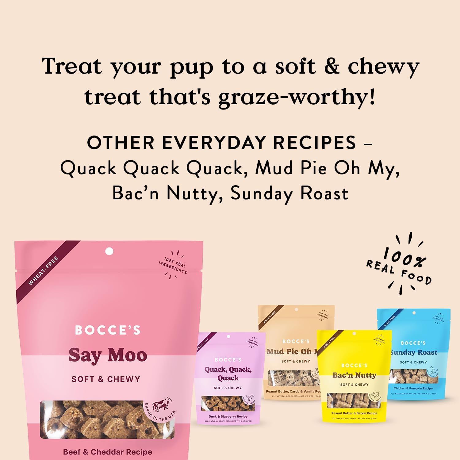 Bocce's Bakery Oven Baked Say Moo Treats for Dogs, Wheat-Free Everyday Dog Treats, Made with Real Ingredients, Baked in The USA, All-Natural Soft & Chewy Cookies, Beef & Cheddar Recipe, 6 oz : Pet Supplies
