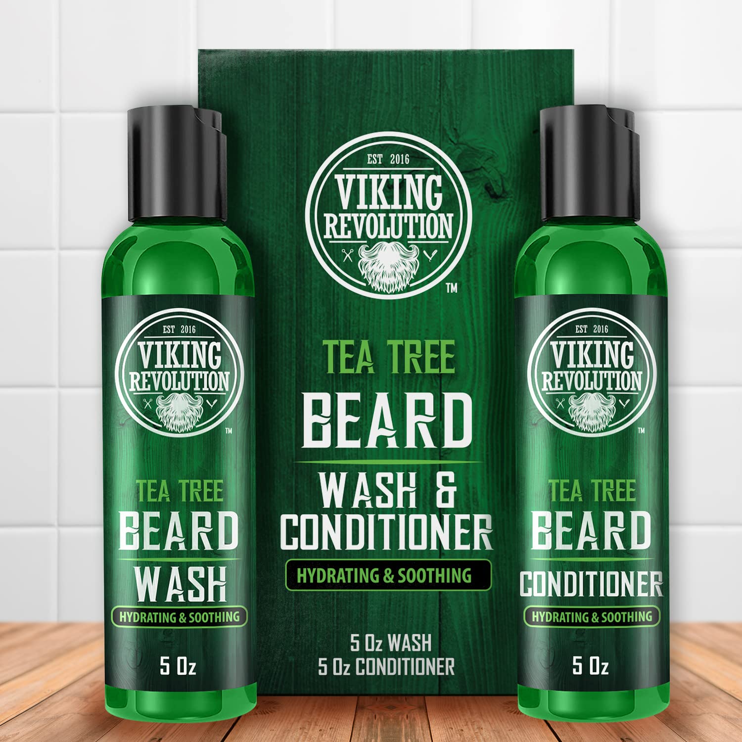 Viking Revolution Tea Tree Beard Wash and Conditioner Set for Men - Natural Beard Softener with Argan Oil, Vitamin E and Ginseng (5 Oz) : Beauty & Personal Care