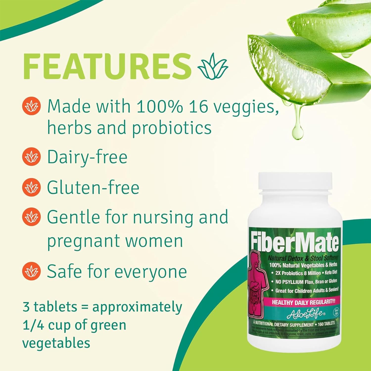 Aloe Life - FiberMate Tablets, Body Detox & Stool Softener, Contains Vegetables & Herbs, Gentle Irregularity Relief, Safe Digestive Support, No Psyllium or Bran, Gluten- & Dairy-Free (160 Tablets) : Health & Household