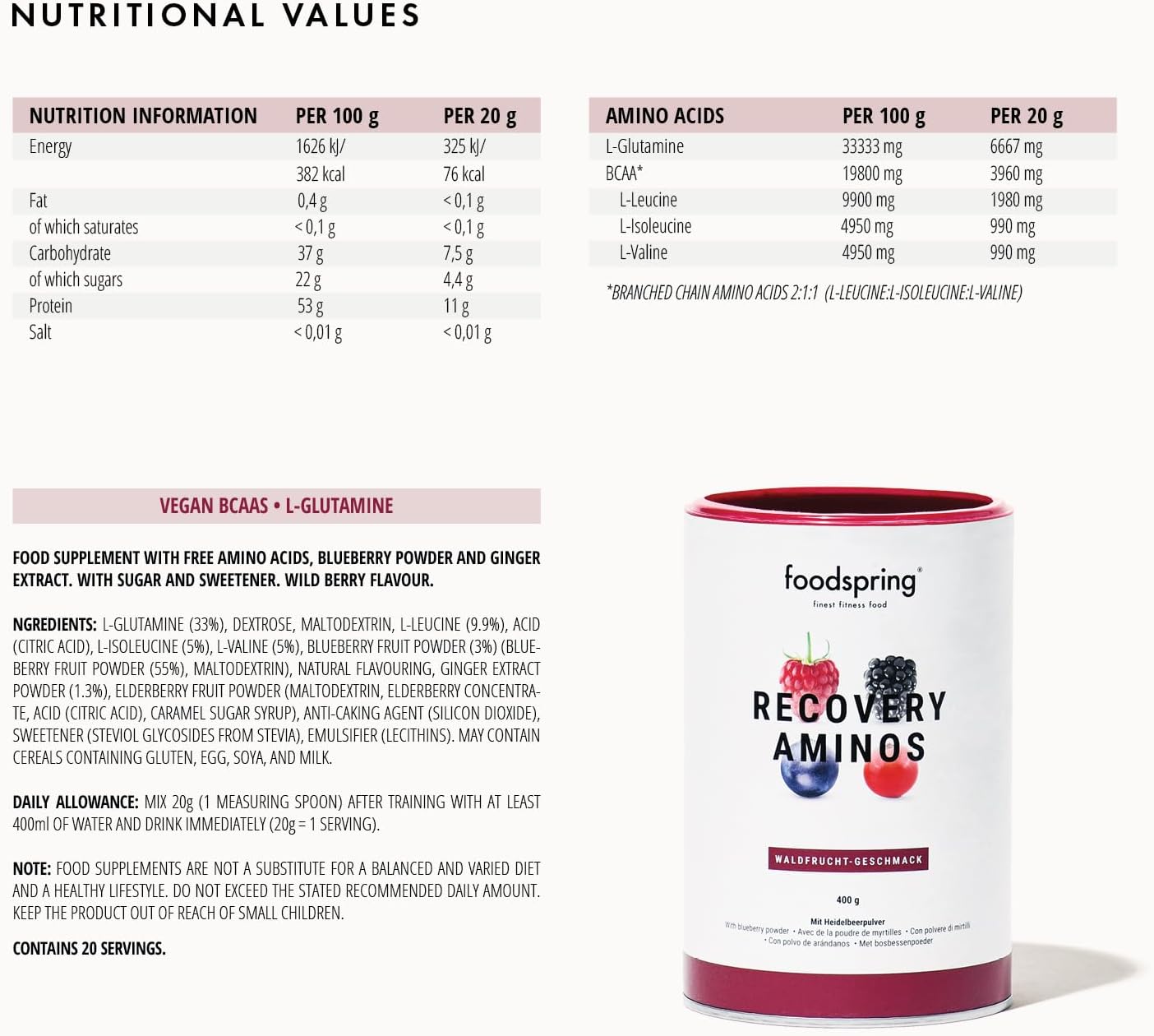 foodspring Recovery Aminos, 400g, Wild Berries, Clean Post-Workout Drink with Plant-Based BCAAs : Amazon.co.uk: Home & Kitchen