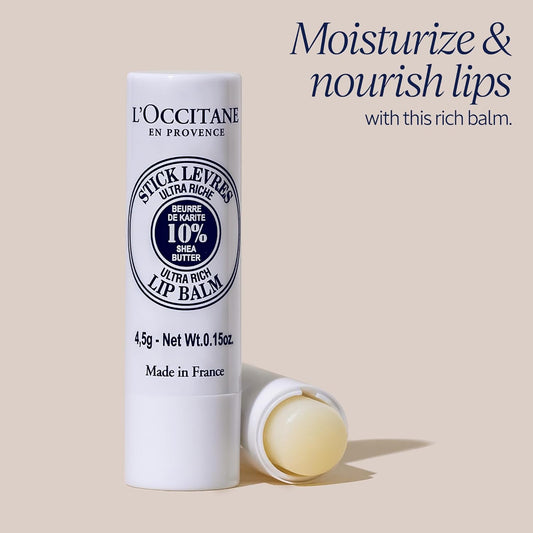 L'Occitane Ultra-Rich 10% Shea Butter Nourishing Lip Balm Stick: Moisturize Dry Lips, Twist Up, Softening, With Beeswax And Castor Oil, Silicone-Free