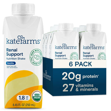 KATE FARMS Organic Plant Based 1.8 Renal Support Shake, Vanilla, 20g Protein, 27 Vitamins and Minerals, Specialized Dialysis Nutrition Support, Gluten Free and Non-GMO 8.45 oz (6 Pack)