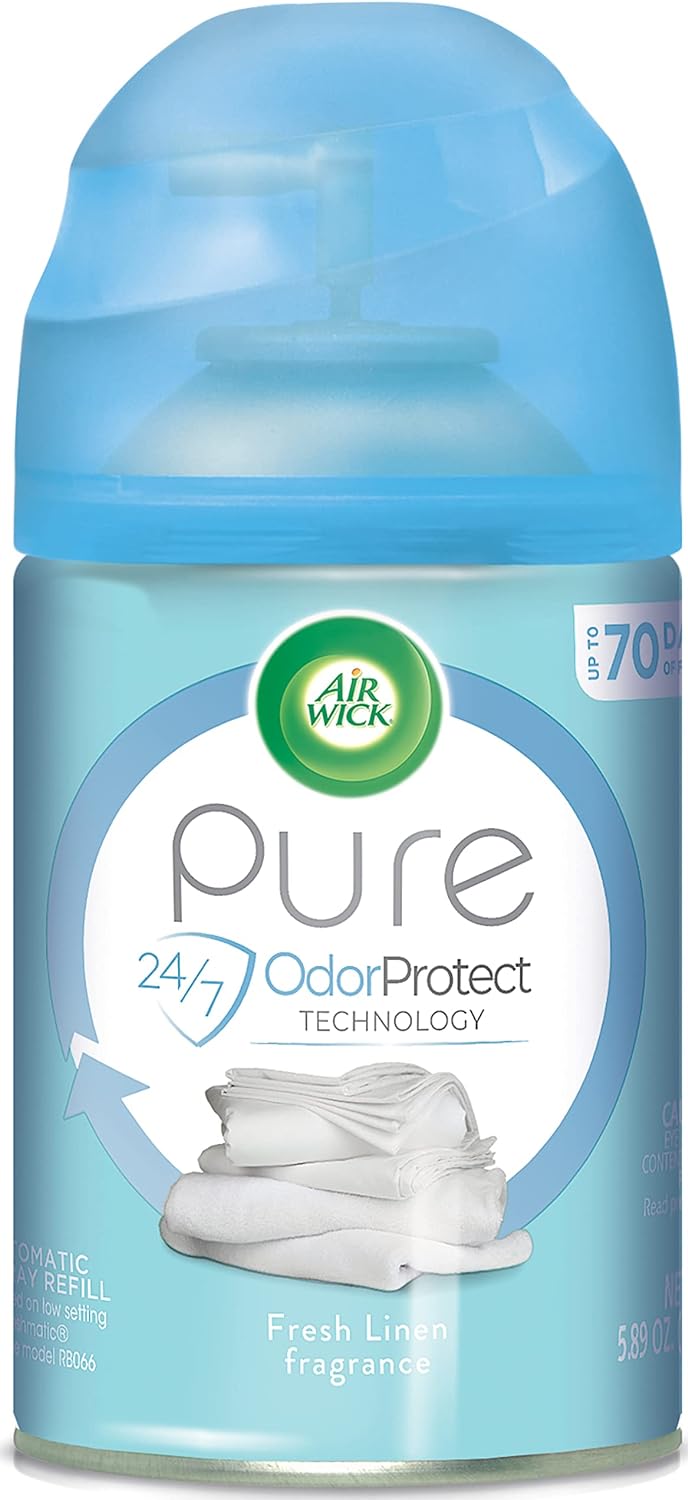 Air Wick Pure Freshmatic 6 Refills Automatic Spray, Fresh Linen, 6ct, New Look, Same familiar smell of Fresh Laundry, Essential Oil, Odor Neutralization, Packaging May Vary, 6.17 ounce, (Pack of 6)