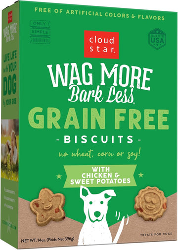 Cloud Star Wag More Bark Less - Dog Treats - Crunchy Biscuits - Grain Free Chicken & Sweet Potato - 14 Oz Box