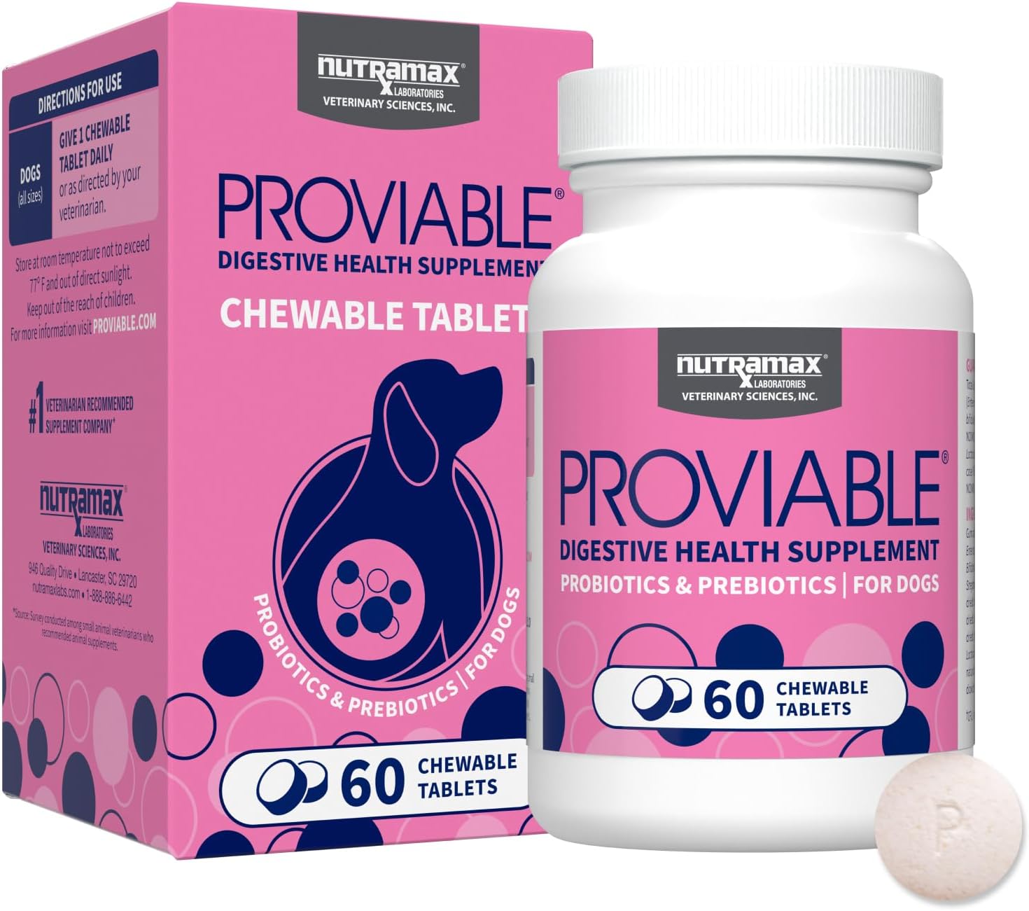 Nutramax Laboratories Proviable Digestive Health Supplement Multi-Strain Probiotics And Prebiotics For Dogs, With 7-Strains Of Bacteria, 60 Chewable Tablets