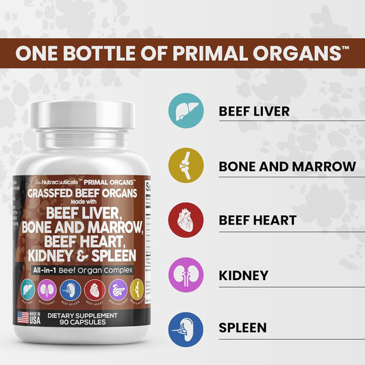 Clean Nutraceuticals Grass Fed Beef Liver Capsules 3000Mg - Premium Quality Supplement Packed With Desiccated, Beef Heart, Beef Spleen, Beef Pancreas Plus Bone & Marrow Dao Enzyme Pills - Usa Made