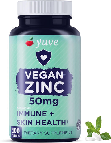 Yuve Natural Vegan Zinc Supplements 50Mg, Immune Support, Fast Relief From Colds And Flu, Acne Free Skin, Healthy Hormone Levels, Non-Gmo, Gluten & Sugar Free - 100 Vegetarian Tablets