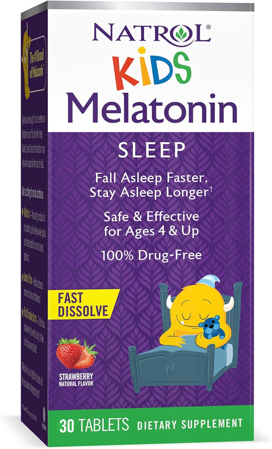 Natrol Kids 1mg Melatonin Fast Dissolve Sleep Aid Tablets, with Lemon Balm, Supplement for Children Ages 4 and up, Drug Free, Dissolves in Mouth, 30 Strawberry avored Tablets