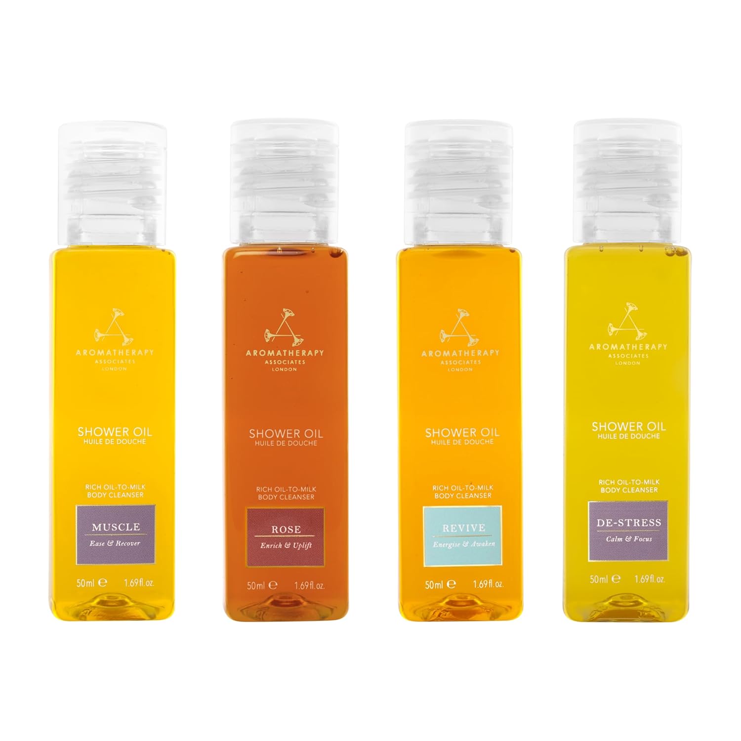 Aromatherapy Associates Mini Shower Oil Travel & Discovery Collection. 4 Premium Shower Oils (50Ml Each) And Handy Travel Case. Includes Revive, De-Stress, Muscle And Rose Blends (1 Count) : Beauty & Personal Care