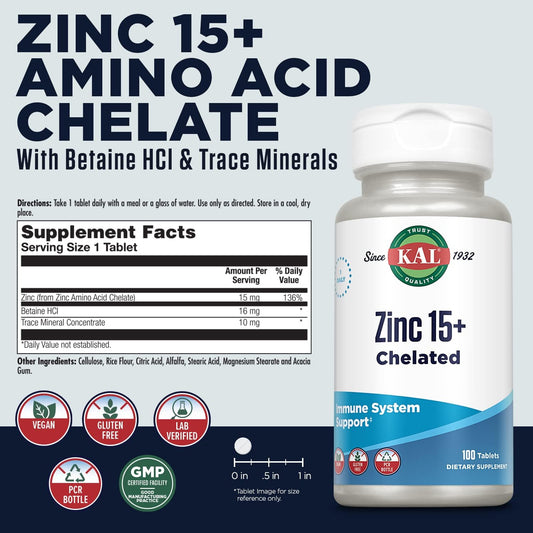 KAL Zinc 15+ with Betaine HCl & Trace Minerals, Healthy Metabolism & I