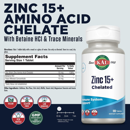 Kal Zinc 15+ With Betaine Hcl & Trace Minerals, Healthy Metabolism & Immune System Function Support, Chelated For Absorption, Vegetarian, 100 Tablets