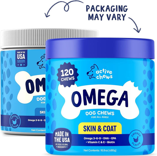 Omega 3 Fish Oil for Dogs Soft Chews 120 ct - Omega 3 for Dogs with Biotin & Vitamin E for Shiny Coat - Dog Skin and Coat Supplement for Itchy, Dry Skin - Shedding Omega 3 6 9 Oil for Dog