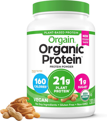 Orgain Organic Vegan Protein Powder, Peanut Butter - 21G Plant Based Protein, 7G Prebiotic Fiber, No Lactose Ingredients, No Added Sugar, Non-Gmo, For Shakes & Smoothies, 2.03 Lb (Packaging May Vary)