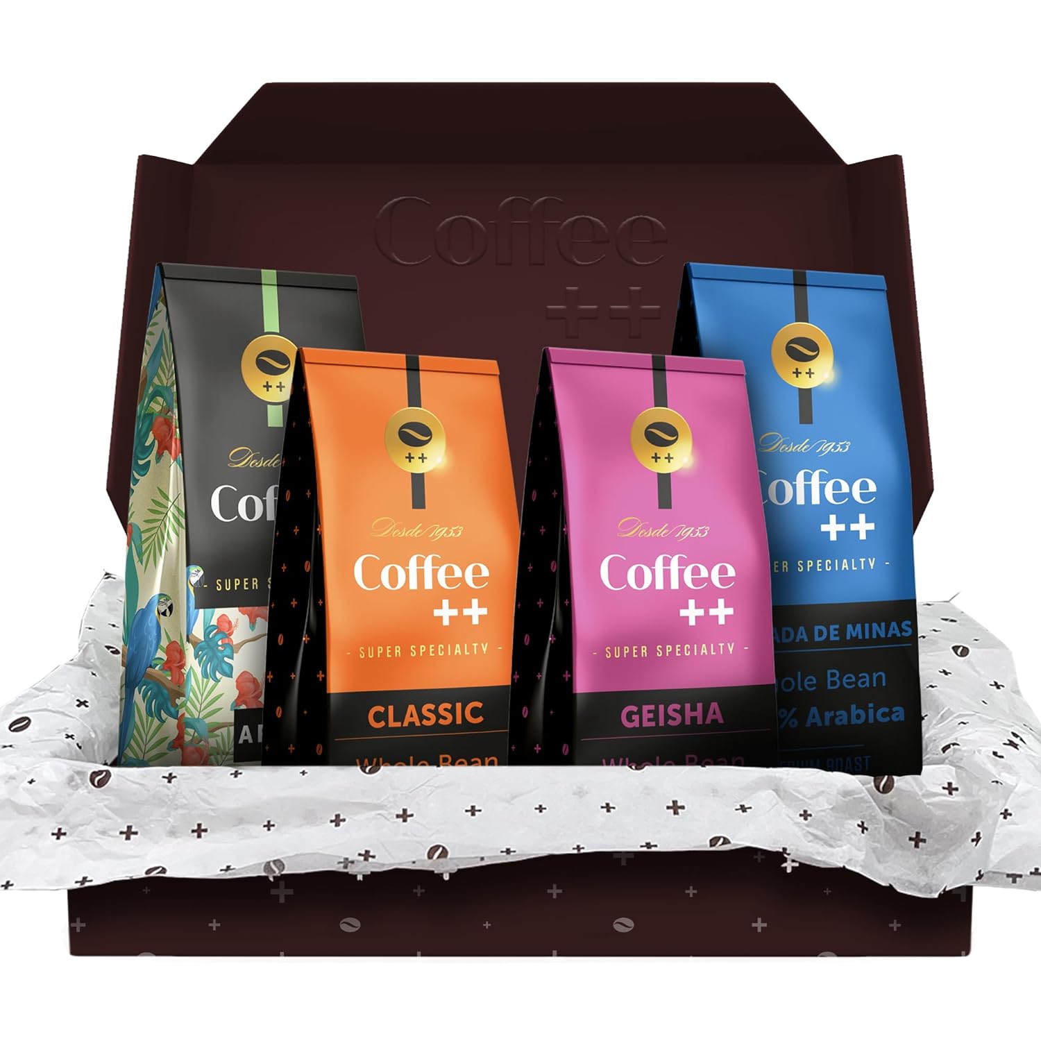 Coffee Plus Gift Set | Basket For Coffee Lovers | Gourmet Box Sampler | Medium Roast Whole Bean Specialty Coffee | Variety Pack | Selection Of 4 Assor