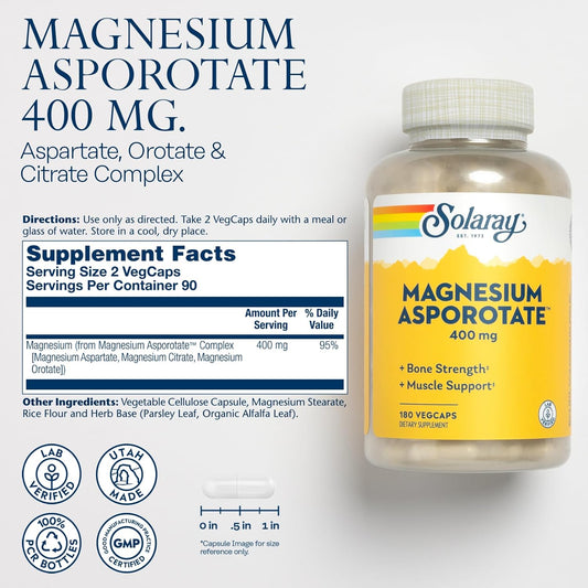 Solaray Magnesium Asporotate 400 Mg | Aspartate, Orotate & Citrate Complex | Healthy Heart, Muscle, Nerve & Circulatory Function Support | 180 Vegcaps