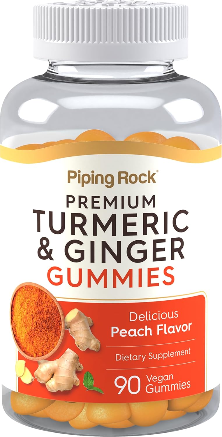 Piping Rock Turmeric and Ginger Gummies | 90 Count | Peach Flavor | Vegan Formula | Non-GMO, Gluten Free Supplement