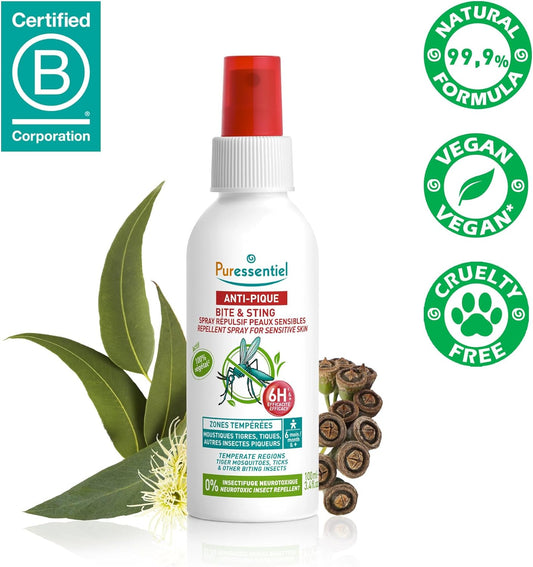 Puressentiel – Family Bite & Sting Repellent Spray - Sensitive Skin – Temperate Zones -Body And Face (Cheeks/Forehead) - 6H And Plus Efficacy - 100 Ml