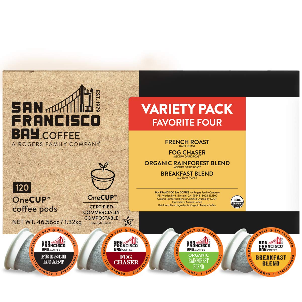 San Francisco Bay Compostable Coffee Pods - Original Variety Pack (120 Ct) K Cup Compatible including Keurig 2.0, French, Breakfast, Fog, Organic Rainforest,120 Count (Pack of 1)
