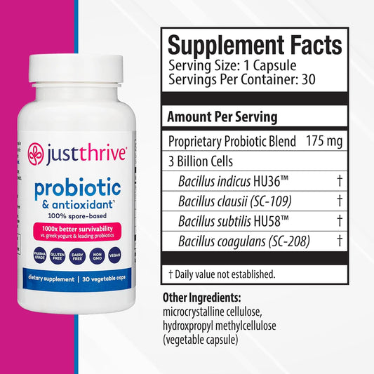 Just Thrive Probiotic & Antioxidant Supplement - 100% Spore-Based Digestive And Immune Support - Gluten Free, 30 Caps