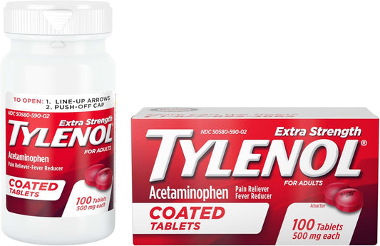 Tylenol Extra Strength Pain Relief Coated Tablets For Adults, 500Mg Acetaminophen Pain Reliever And Fever Reducer Per Tablet For Minor Aches, Pains, And Headaches, 100 Ct