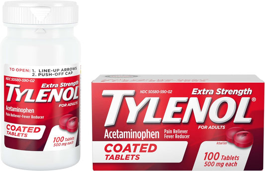 Tylenol Extra Strength Pain Relief Coated Tablets for Adults, 500mg Acetaminophen Pain Reliever and Fever Reducer per Tablet for Minor Aches, Pains, and Headaches, 100 ct