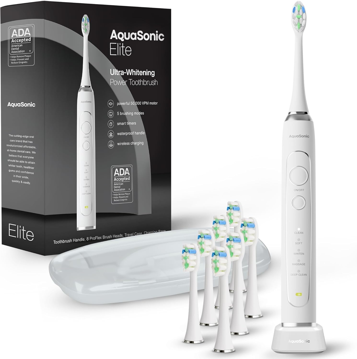 Aquasonic Elite Ultra-Whitening Toothbrush – Ada Accepted Power Toothbrush - 8 Proflex Brush Heads & Travel Case – 50,000 Vpm Motor & Wireless Charging - 5 Modes W Smart Timer (White)