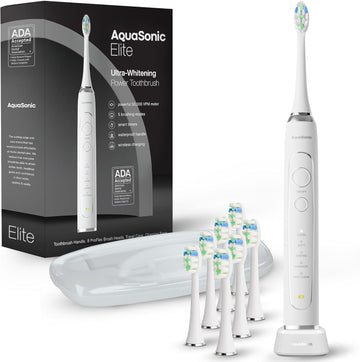 Aquasonic Elite Ultra-Whitening Toothbrush – Ada Accepted Power Toothbrush - 8 Proflex Brush Heads & Travel Case – 50,000 Vpm Motor & Wireless Charging - 5 Modes W Smart Timer (White)