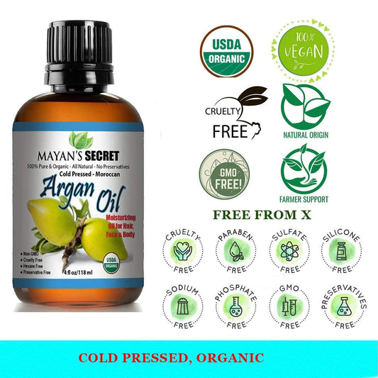 Mayan'S Secret - 4Oz Organic Argan Oil For Hair Growth, Skin, Face, Nails, Beard & Cuticles - Nourishing And Soothing Oil For Face And Body