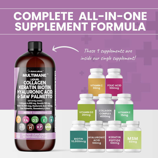 Clean Nutraceuticals Liquid Collagen 4000Mg Biotin 10000Mcg Keratin 100Mg Saw Palmetto Hyaluronic Acid 100Mg - Hair Skin & Nails Vitamins & Dht Blocker With Vitamin D3 Msm 50Mg Made In Usa - 16 Fl. Oz