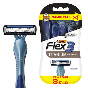 Bic Flex 3 Titanium Men’S Disposable Razors With 3 Blades, Ideal Razor For Face And Body Shaving, 8 Piece Razor Kit For Men