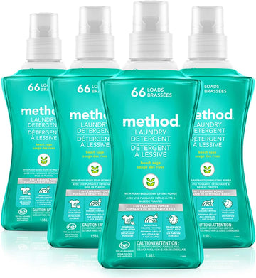 Method Liquid Laundry Detergent; Beach Sage Scent, Plant-Based Stain Remover; ; 66 Loads Per 53.5 Fl Oz Bottle; 4 Pack (264 Total Loads); Packaging May Vary