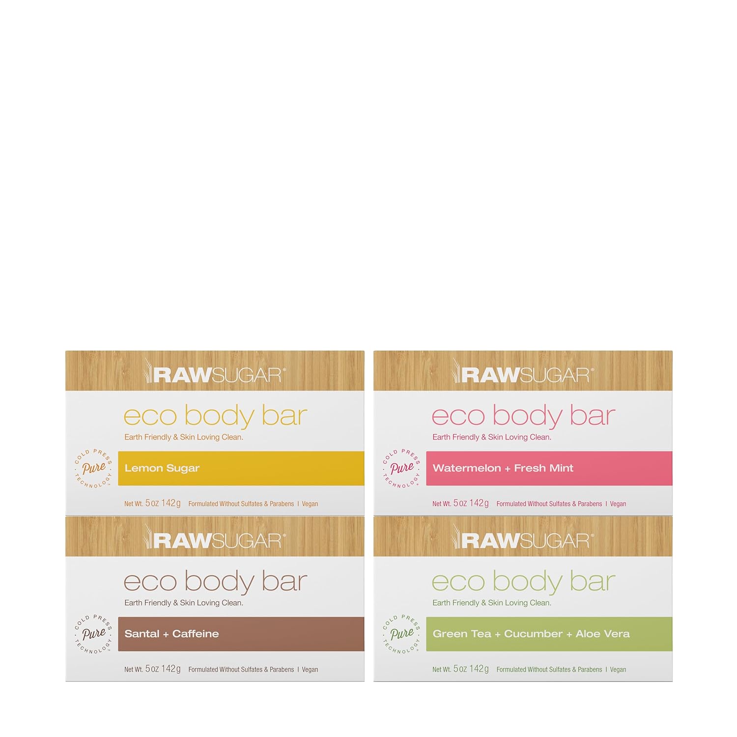 Raw Sugar Eco Bar Soap Bundle, Variety Pack Of 4 - Made With Shea Butter, Vegan & Cruelty Free, Formulated Without Sulfates + Parabens
