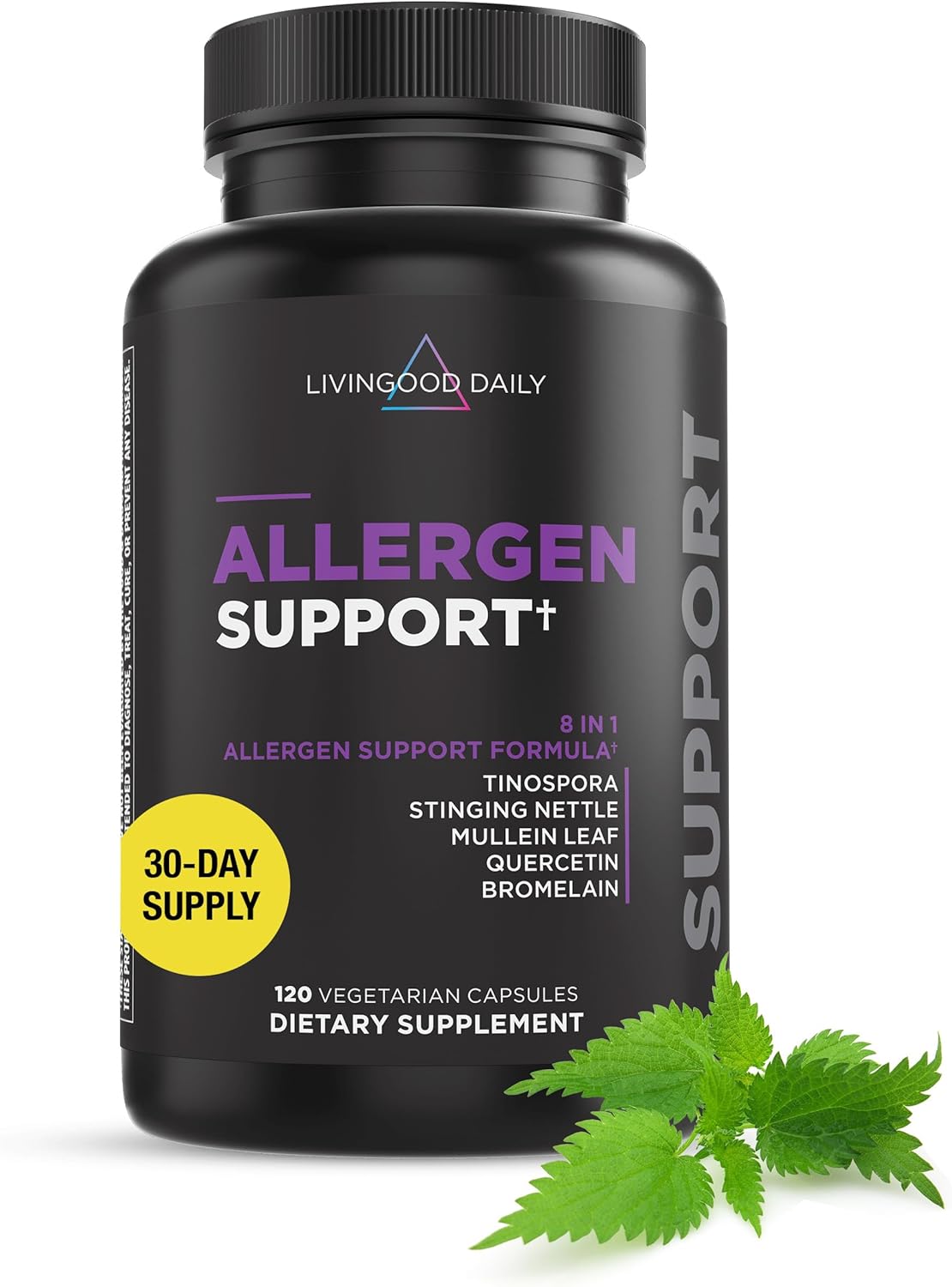 Livingood Daily Allergen Support, 120 Vegetarian Capsules - Supports Natural Allergy Relief with Vitamin C, Quercetin, Nettle Leaf, Zinc, & Tinospora - Non-GMO & Vegan Natural Antihistamine Supplement
