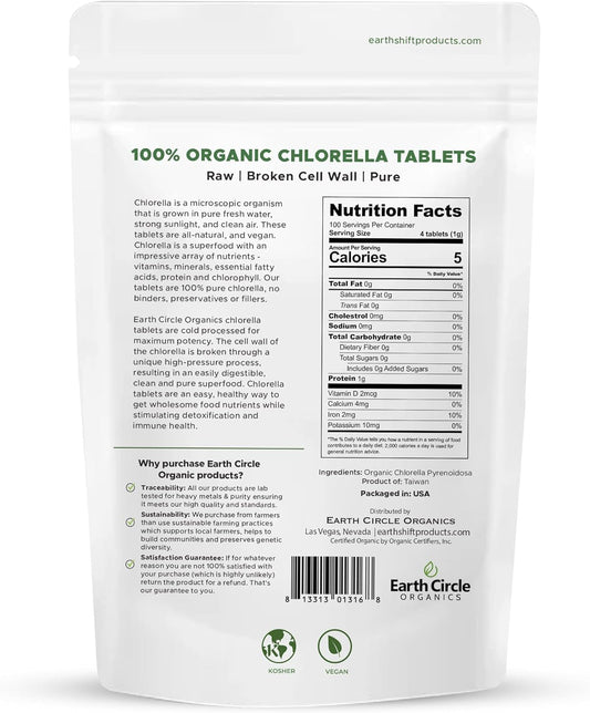 Organic Chlorella Tablets | Kosher | Potent Supplement, All-Natural Chlorophyll, Green Algae Superfood, Broken Cell Wall | High In Protein & Iron, No Additives, Vegan - 400 Tablets