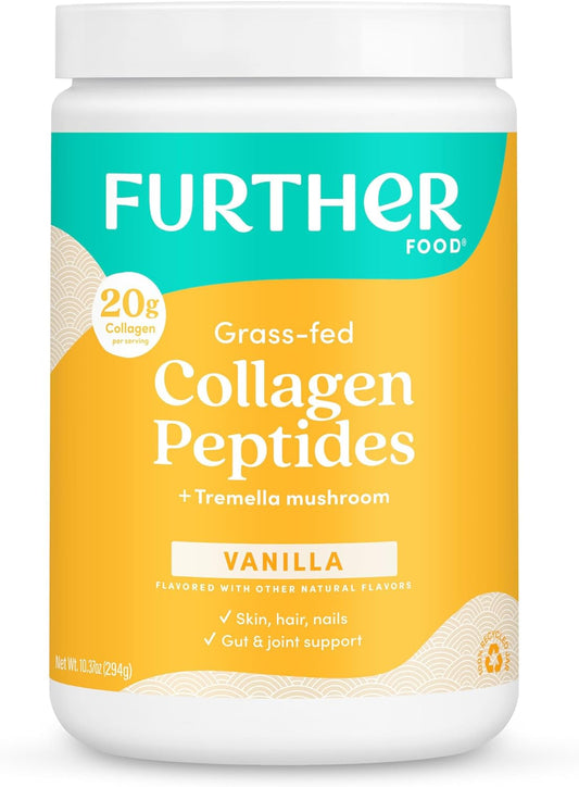 Further Food Vanilla Collagen Peptides Powder, Grass-Fed Pasture-Raised Hydrolyzed Type 1 & 3 Protein, Gut Health + Joint, Hair, Skin, Nails, Paleo Keto Sugar-Free 10.37 Oz