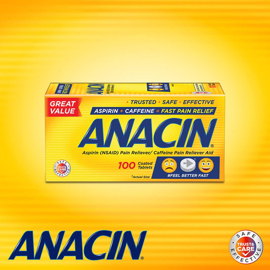 Anacin Fast Pain Relief, Aspirin + Caffeine Pain Reliever, 100 Coated Tablets