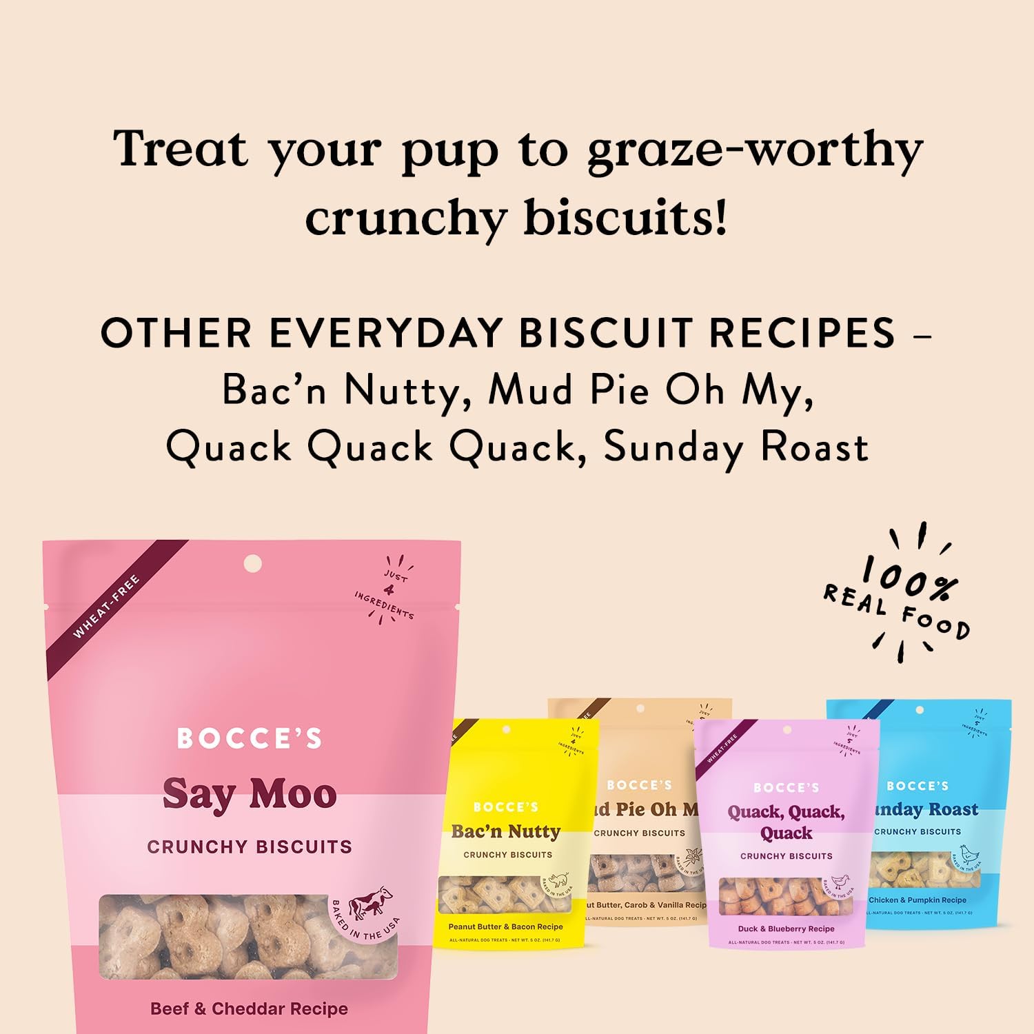 Bocce's Bakery Oven Baked Say Moo Treats for Dogs, Everyday Wheat-Free Dog Treats, Made with Real Ingredients, Baked in The USA, All-Natural Beef & Cheddar Biscuits, 5 oz : Pet Supplies