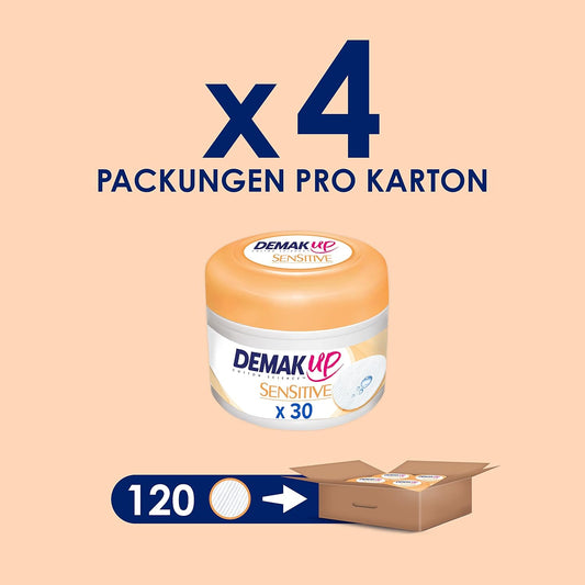 Demak'Up Sensitive Impregnated Make-Up Pads, Cotton Pads For Sensitive Skin, 4 Cans X 30 Cotton Pads (120 Cotton Pads)