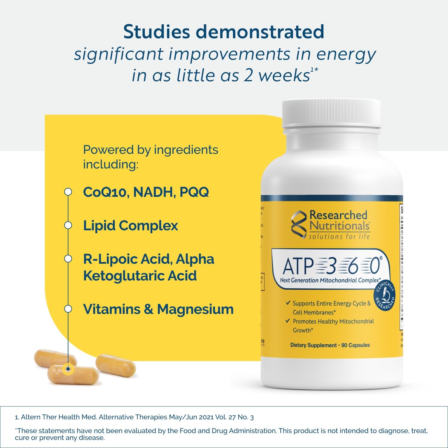 Researched Nutritionals Atp 360 Mitochondrial Supplements - Atp Supplements With Coq 10 & Vitamins For Energy Support - Help Repair Mitochondrial Membranes (90 Capsules) : Health & Household