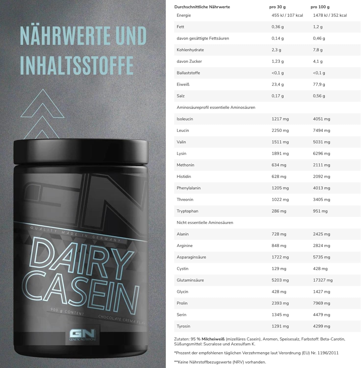 Gn Laboratories 100% Dairy Casein - Casein Anti-Catabolic Long-Term Protein With Bcaa Glutamine Protein Shake Bodybuilding - 900G (Vanilla)