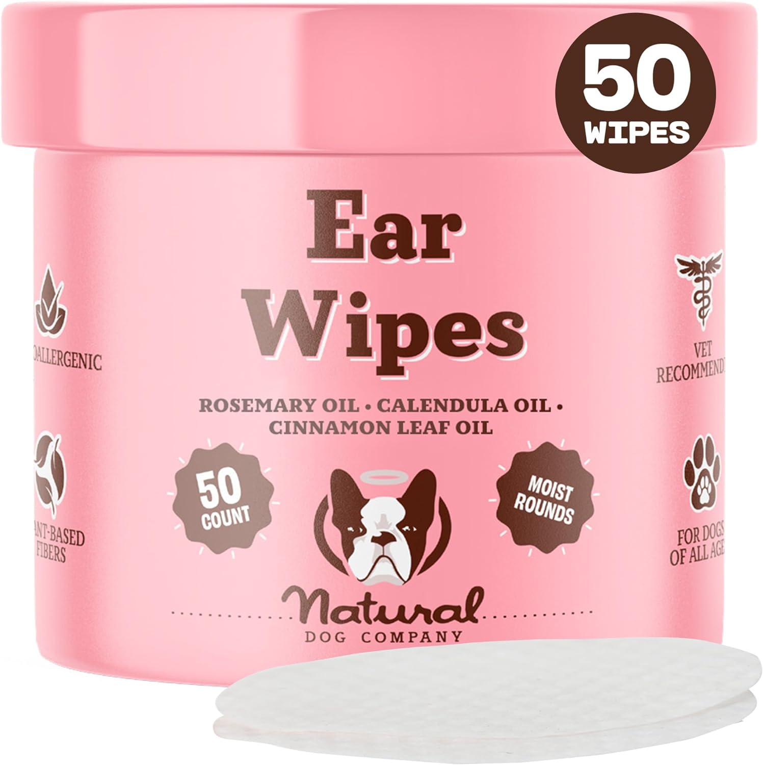 Natural Dog Ear Wipes (50 Ct) Essential Oil Infused Hygenic Dog Ear Cleanser for Dogs, Reduces Odor, Soothing Calendula, Aloe Vera, Witch Hazel, Dog Ear Itch Relief, Vegan