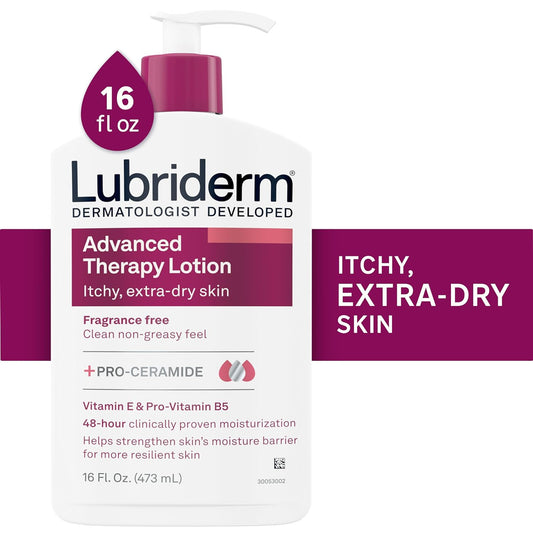 Lubriderm Advanced Therapy Fragrance Free Moisturizing Hand & Body Lotion + Pro-Ceramide with Vitamins E & Pro-Vitamin B5, Intense Hydration for Itchy, Extra Dry Skin, Non-Greasy, 16 fl. oz (Pack of 2