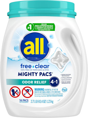 All Mighty Pacs Laundry Detergent Free Clear Odor Relief, Tub, 56 Count