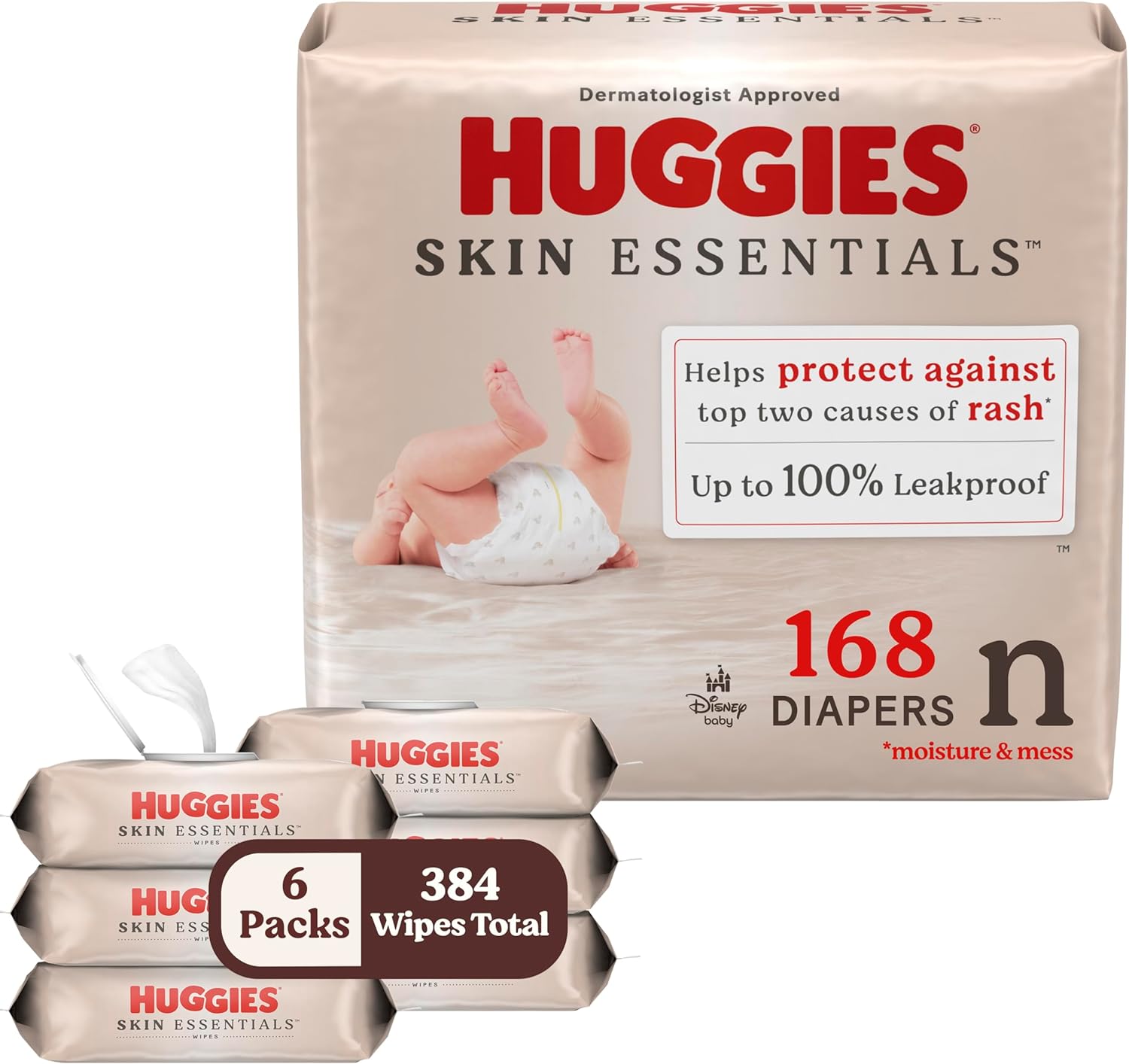 Bundle Of Huggies Size Newborn Diapers, Skin Essentials Baby Diapers, Size Newborn (6-9 Lbs), 168 Count + Huggies Skin Essentials Baby Wipes, 99% Water, 6 Flip Top Packs (336 Wipes Total)