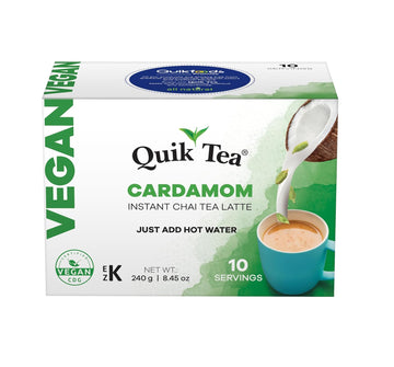 Quiktea Vegan Cardamom Instant Chai Tea Latte - 10 Count Single Box - Convenient, Easy Ayurvedic Dairy Free Alternative - All Natural Non Gmo Superfood