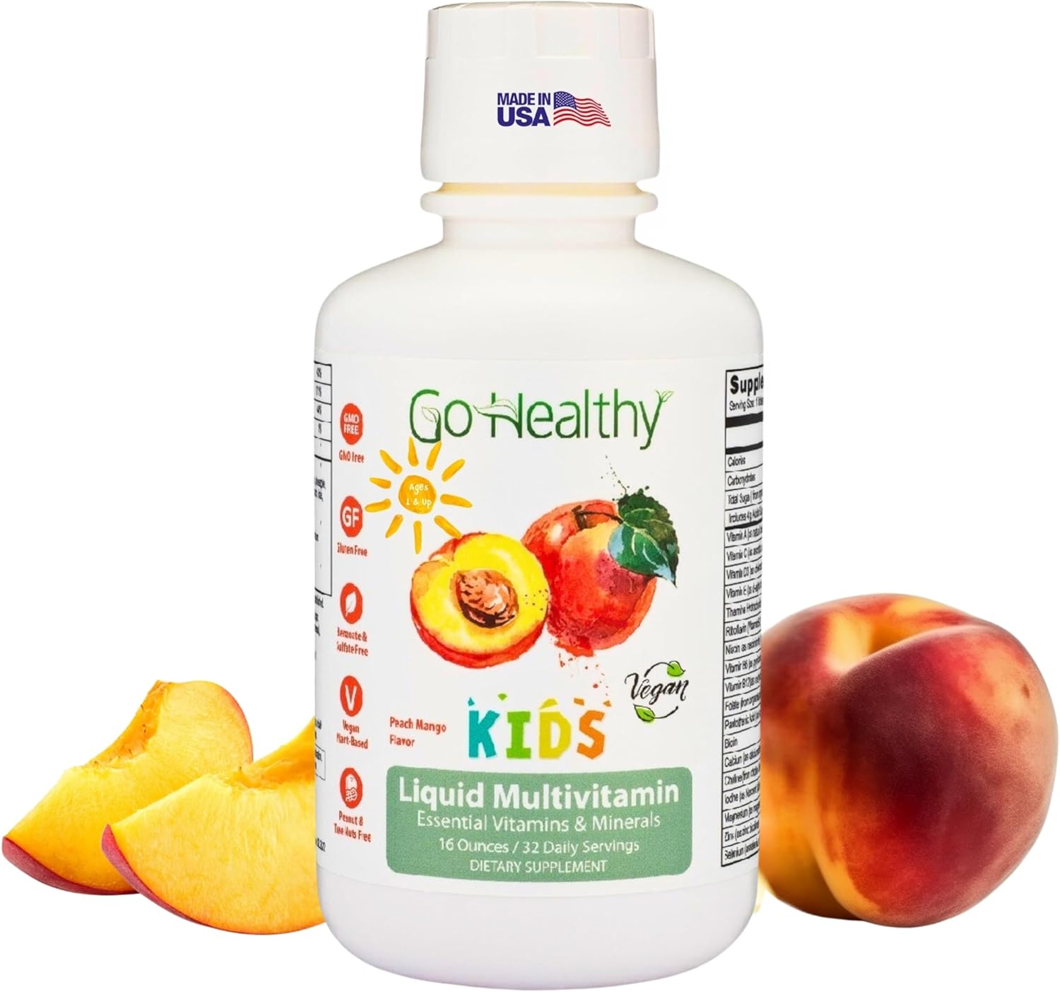 Go Healthy Kids Liquid Multivitamin - Vegan Vitamin Supplement Supports Children'S Growth, Development & Immune Function, Ages 1 & Up, Delicious Fruit Flavor - 32 Servings